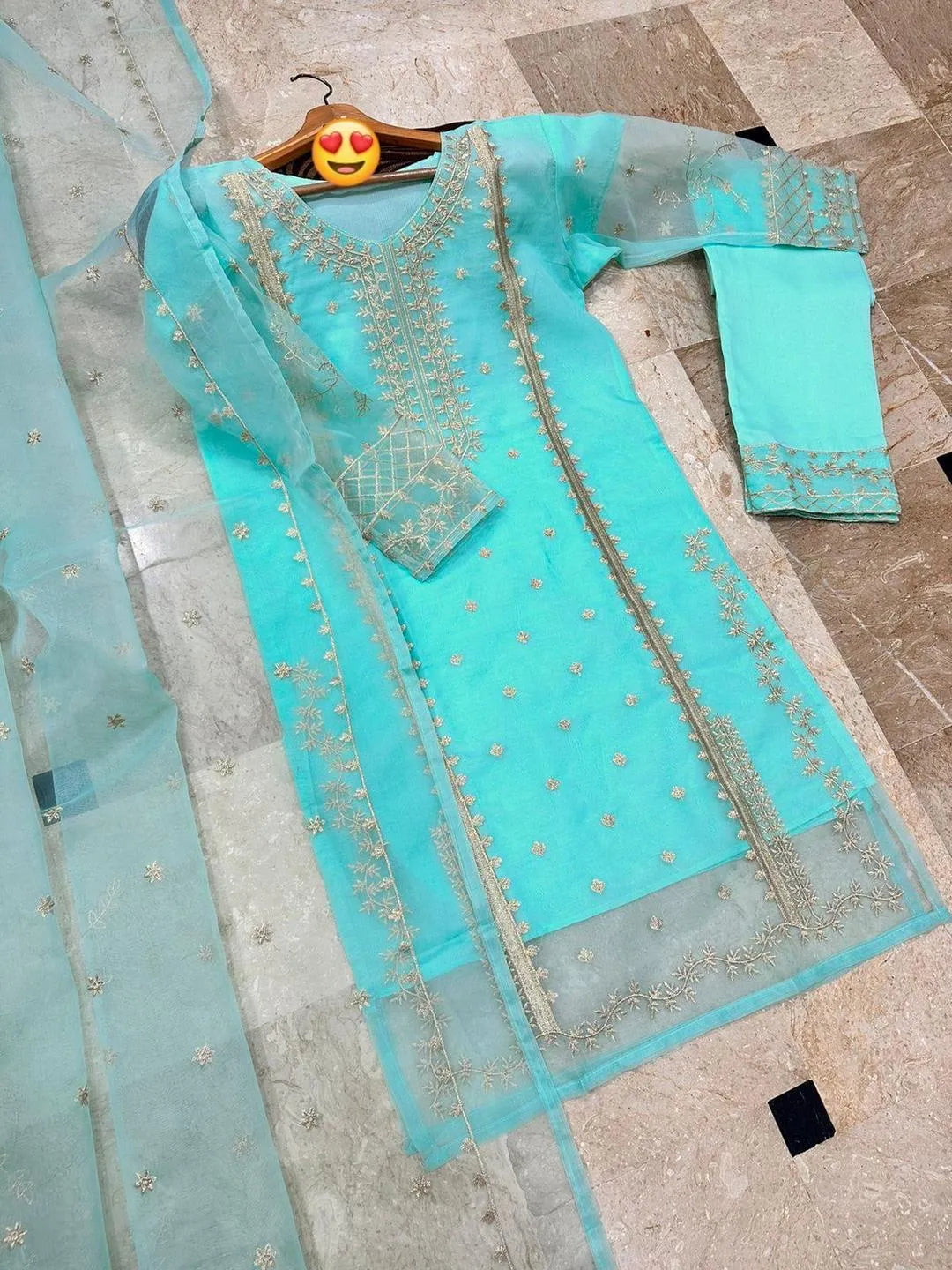 Blue Organza Embroidered 3-Piece Women Suit