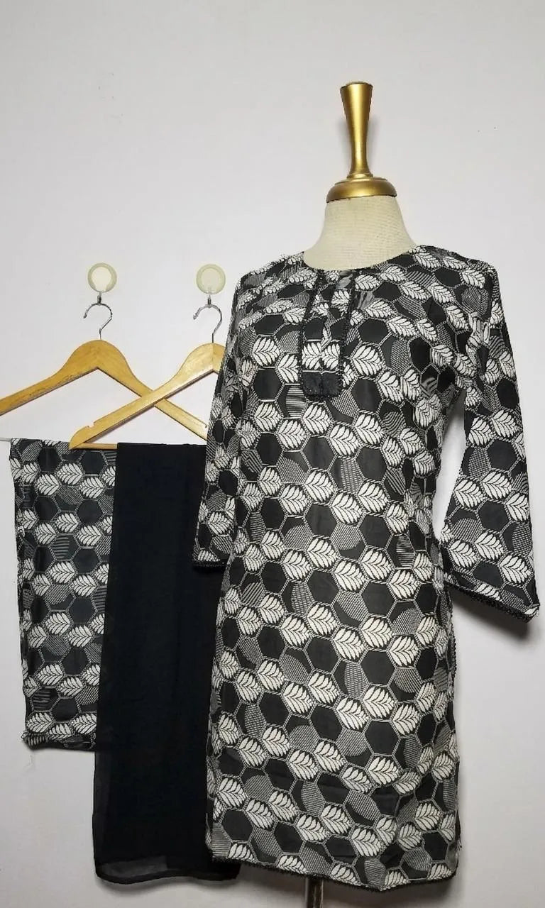 Stitched 3Pcs Women's Lawn Printed Suit (Sila Black3)