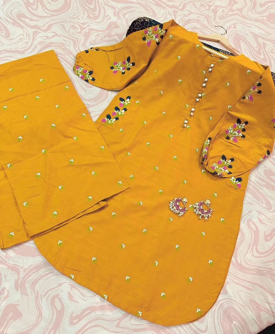 Yellow Embroidered Kurti with Front Buttons & Pockets 2Pcs