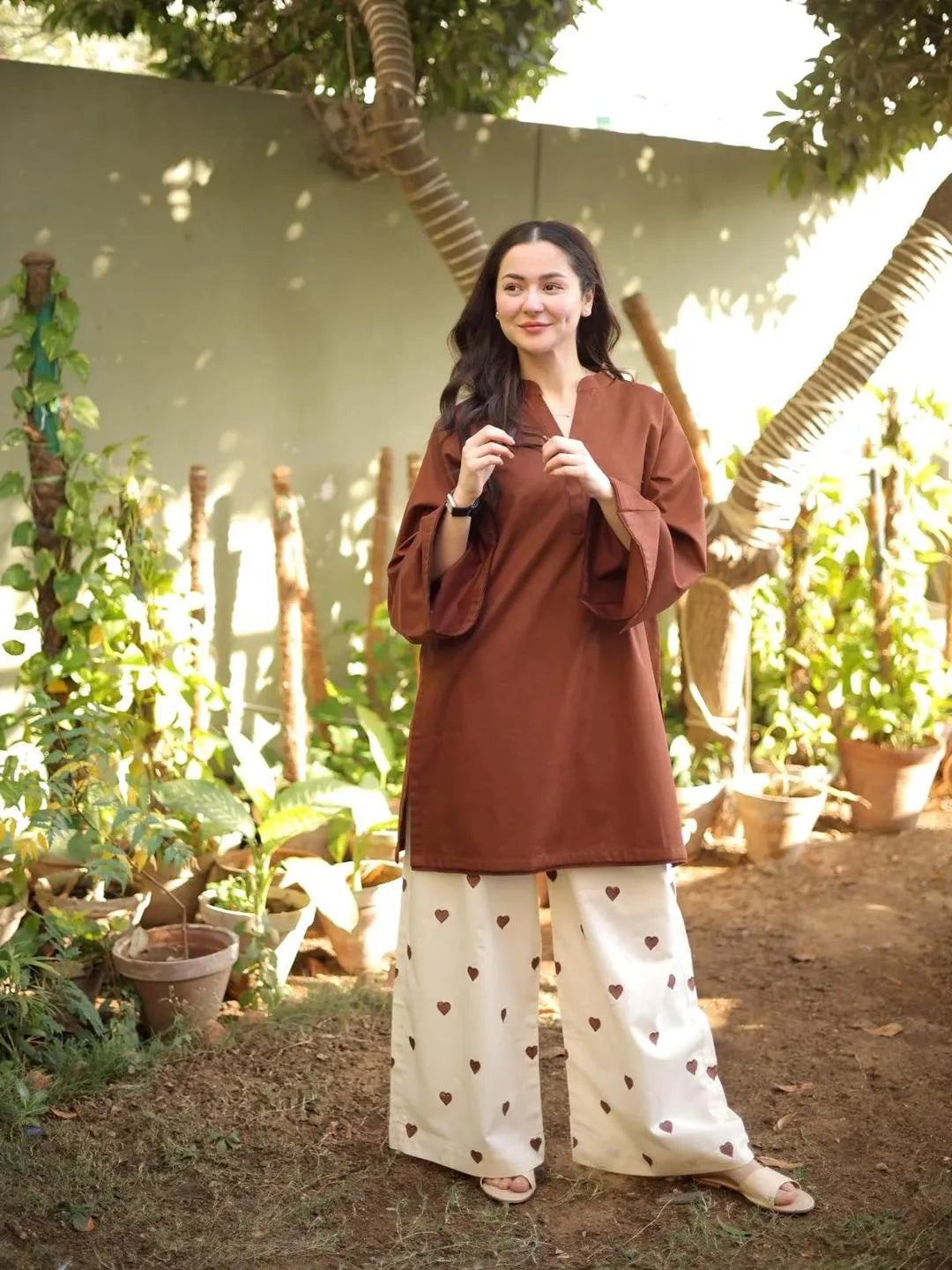 Brown V-Neck Cotton Set with Heart Embroidery