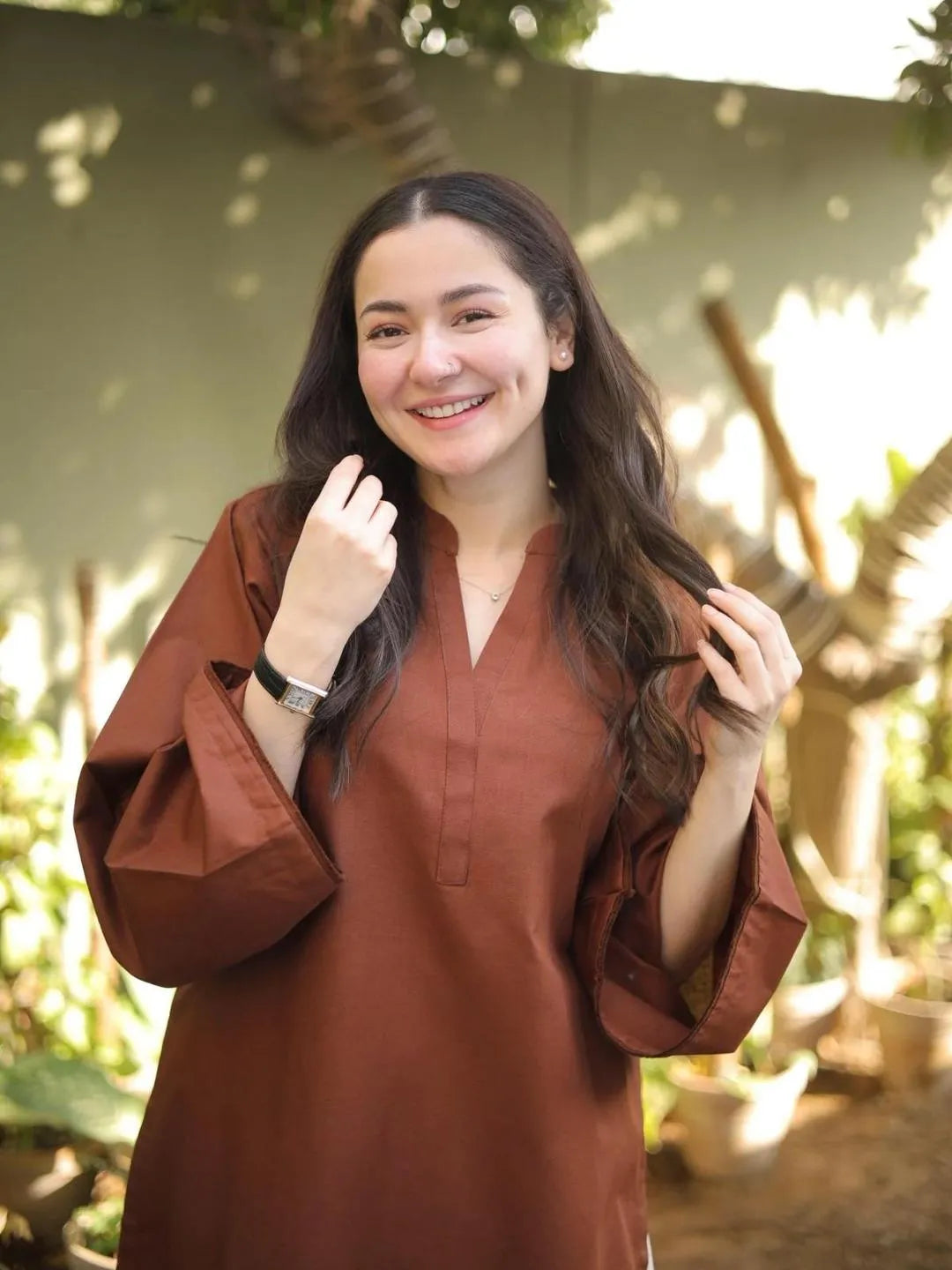 Brown V-Neck Cotton Set with Heart Embroidery