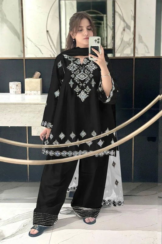 3 Pcs Women's Stitched Cotton Embroidered Suit