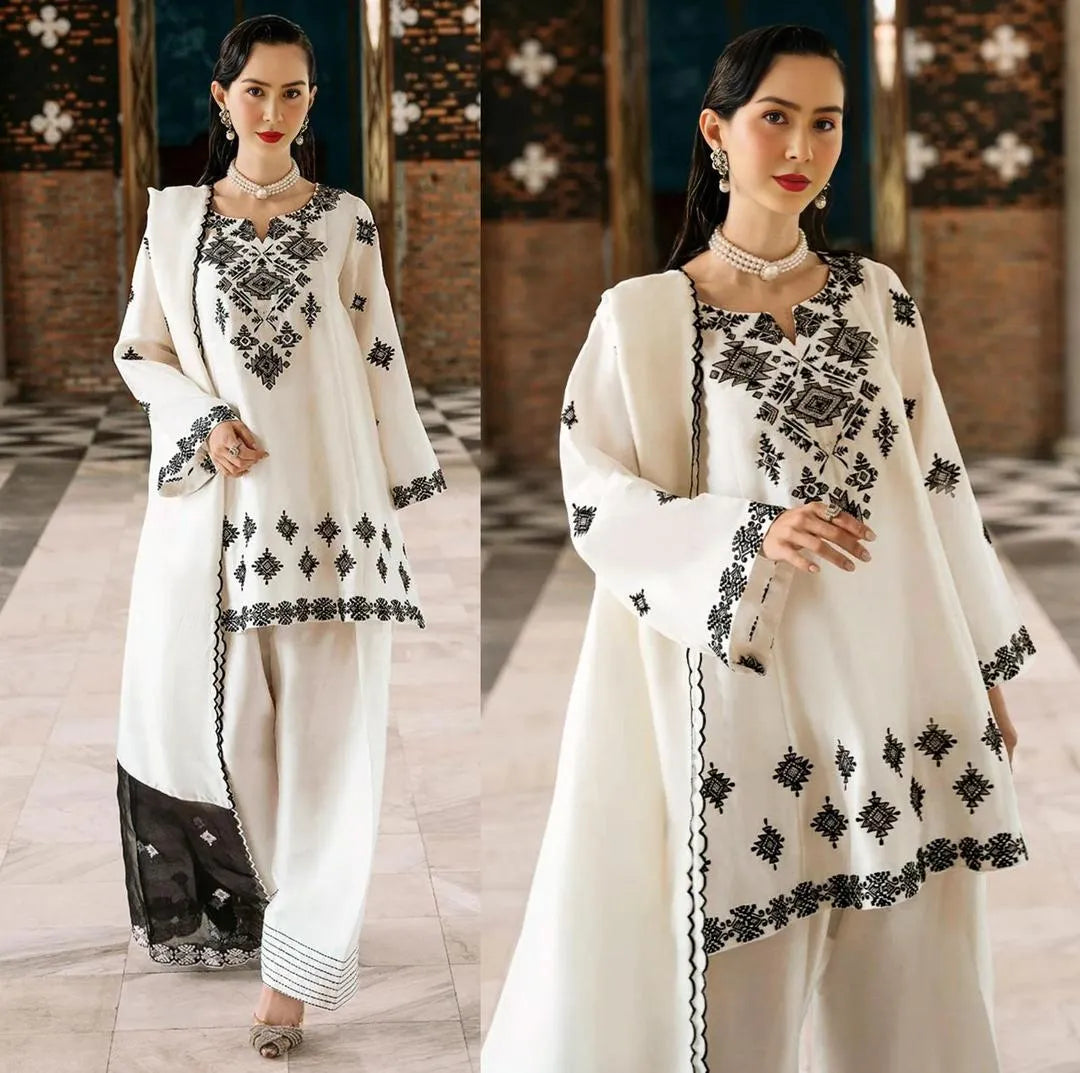 3 Pcs Women's Stitched Cotton Embroidered Suit