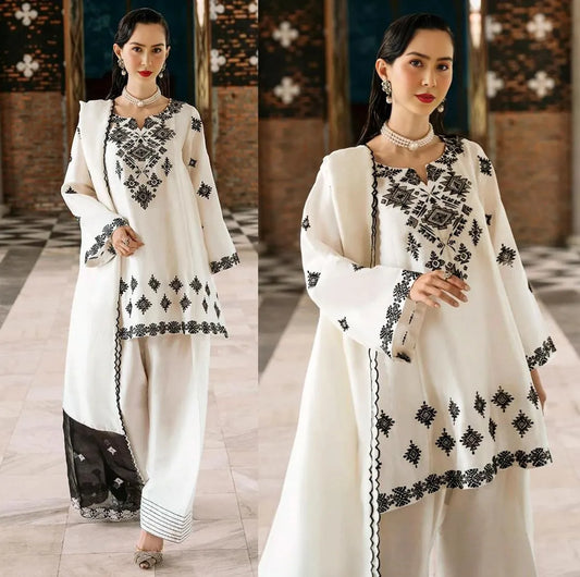 3 Pcs Women's Stitched Cotton Embroidered Suit