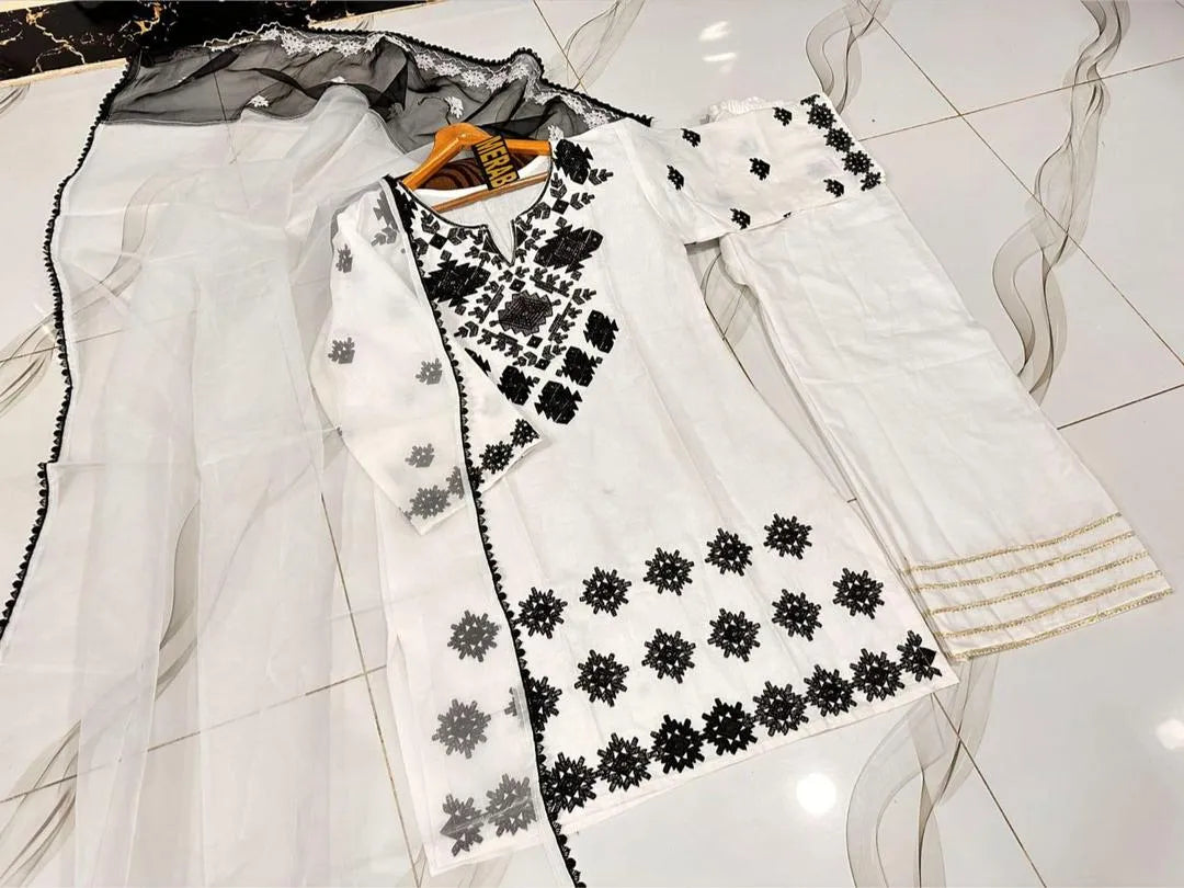3 Pcs Women's Stitched Cotton Embroidered Suit