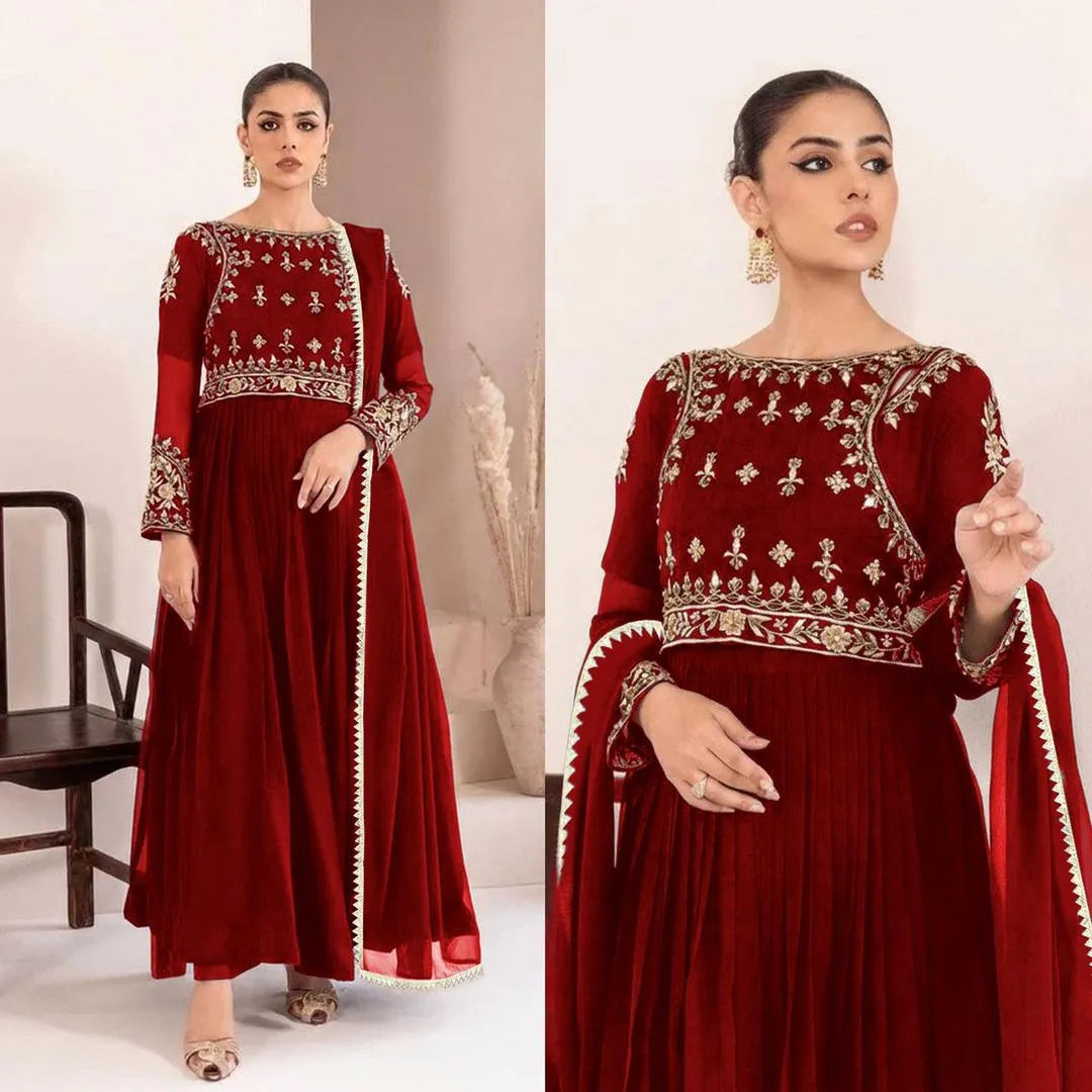 3 Pcs Stitched Chiffon Embroidered Maxi Suit