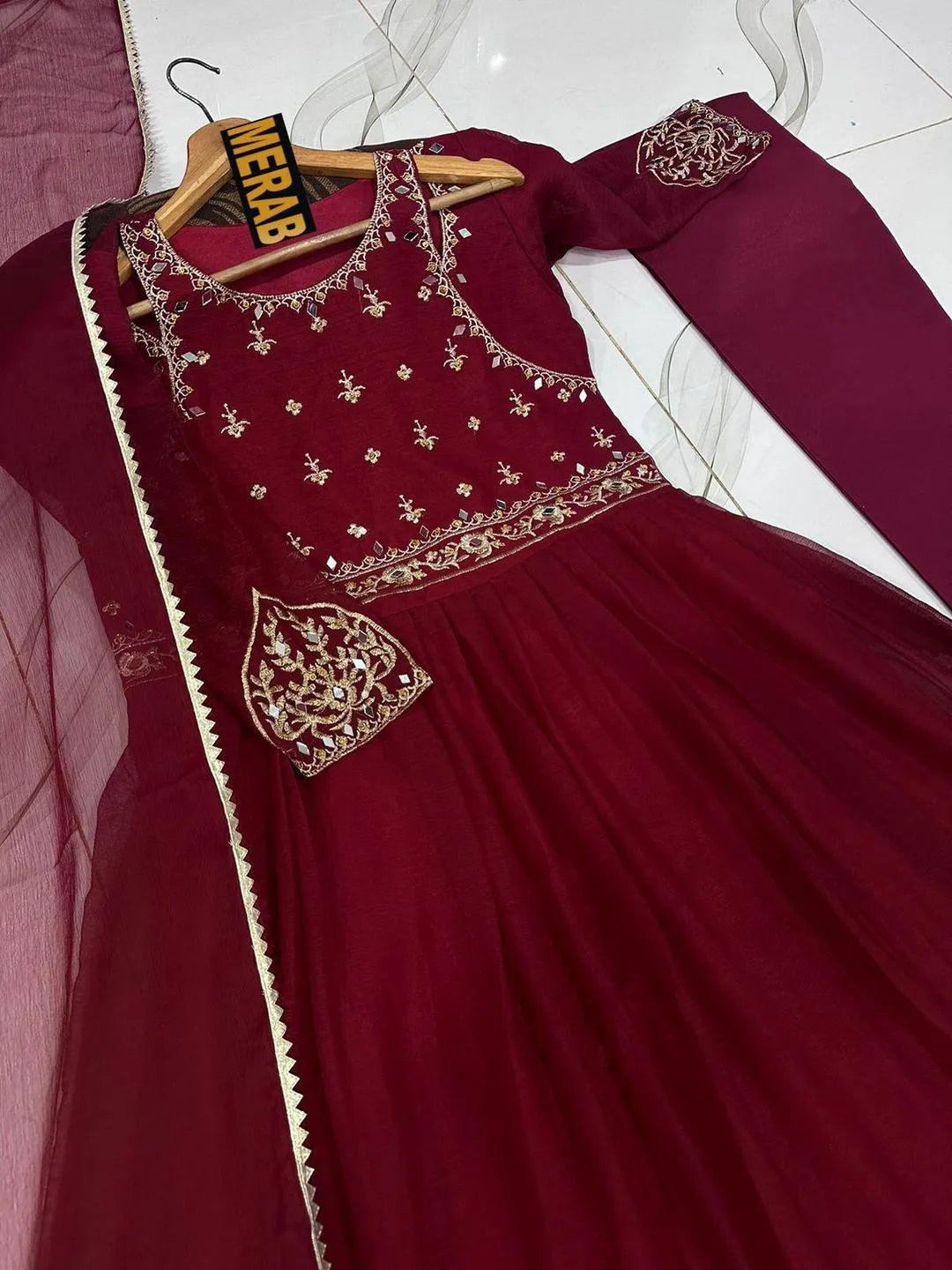 3 Pcs Stitched Chiffon Embroidered Maxi Suit