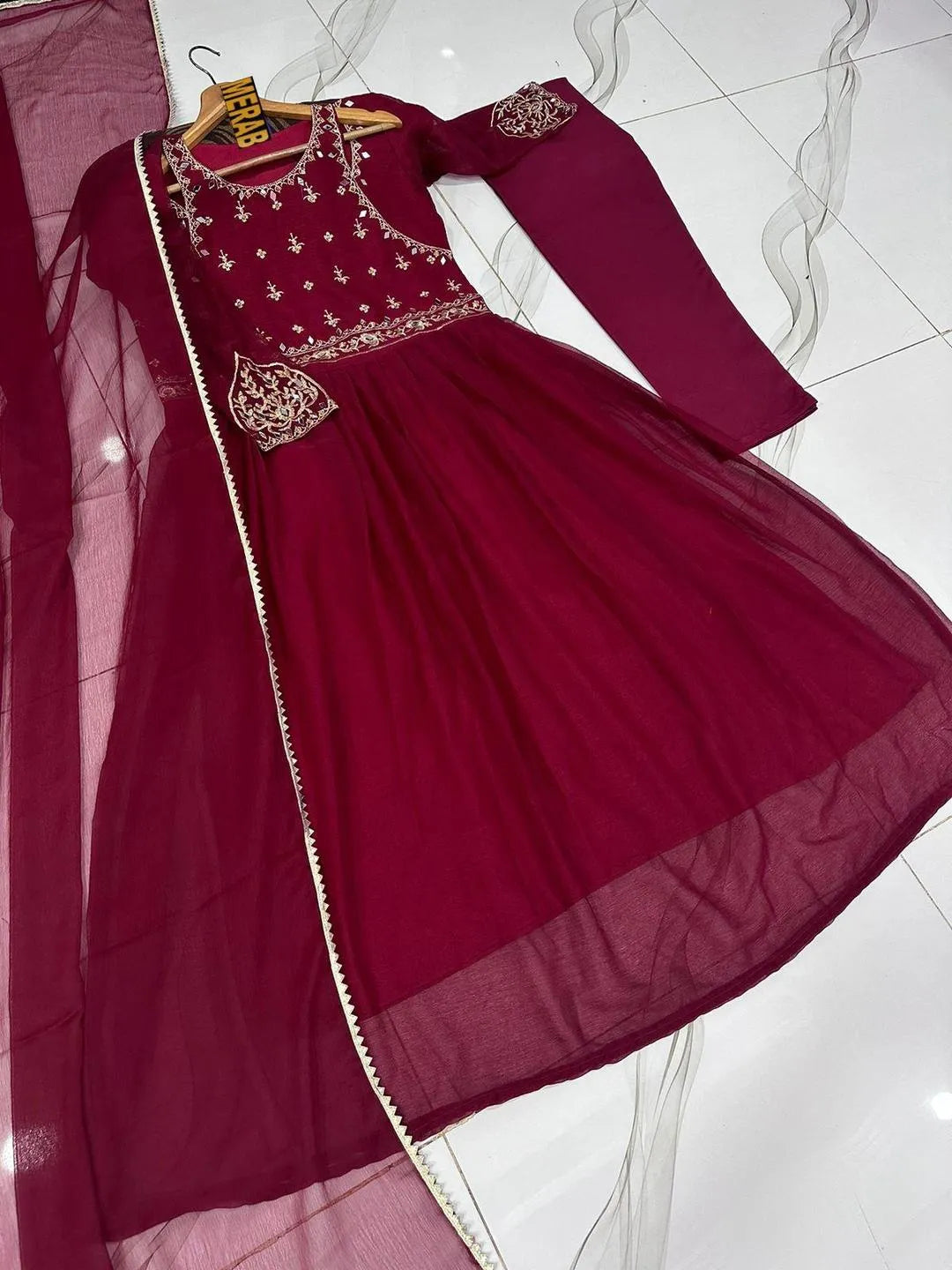 3 Pcs Stitched Chiffon Embroidered Maxi Suit