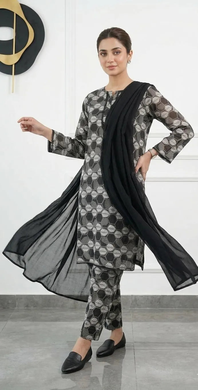 Stitched 3Pcs Women's Lawn Printed Suit (Sila Black3)