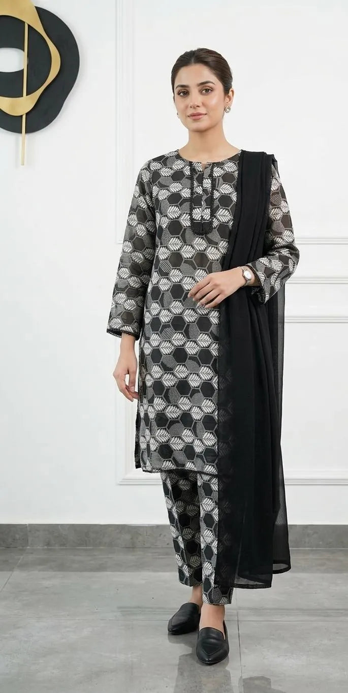 Stitched 3Pcs Women's Lawn Printed Suit (Sila Black3)