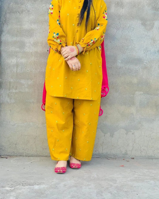 Yellow Embroidered Kurti with Front Buttons & Pockets 2Pcs