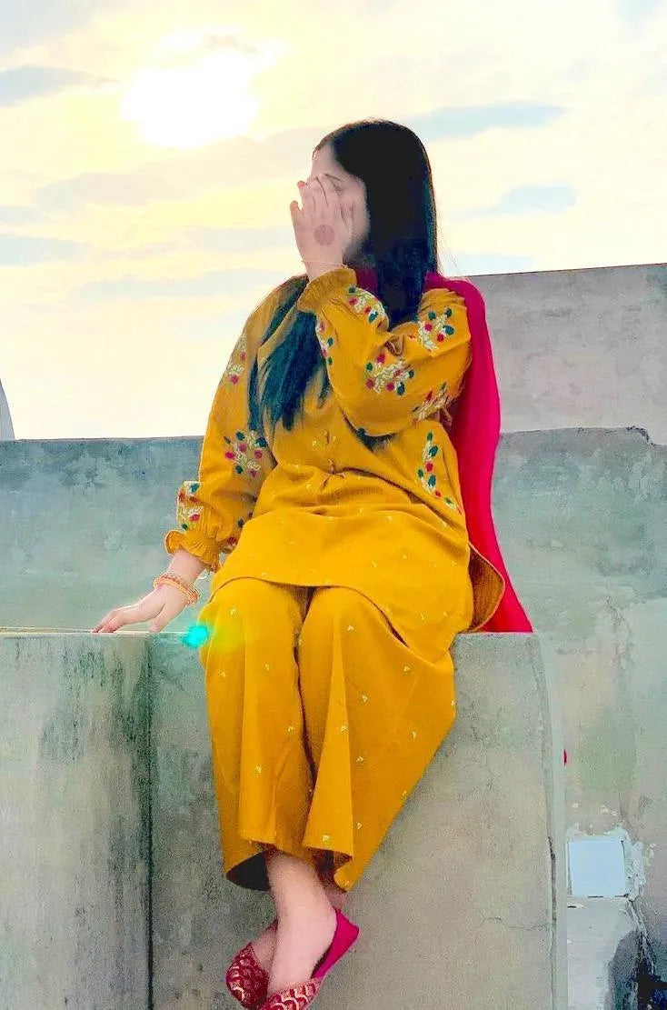 Yellow Embroidered Kurti with Front Buttons & Pockets 2Pcs