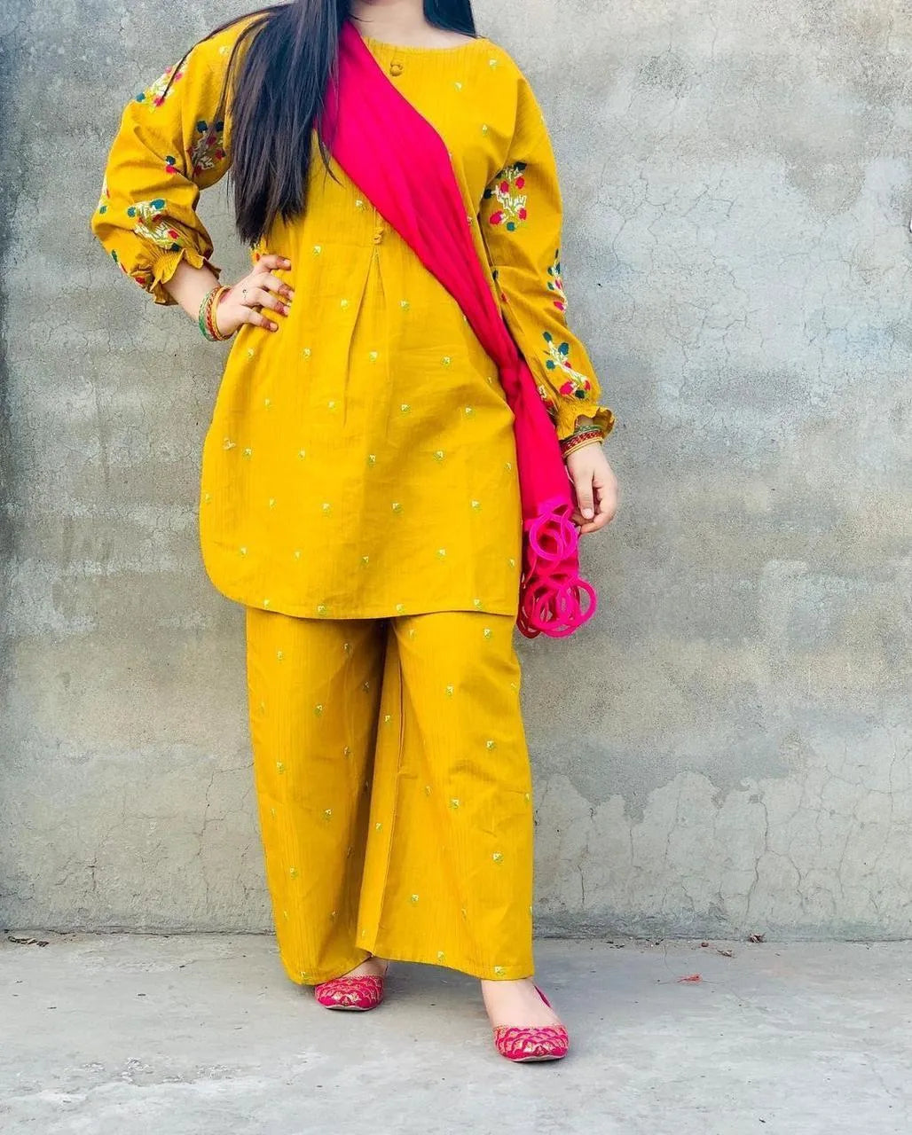 Yellow Embroidered Kurti with Front Buttons & Pockets 2Pcs