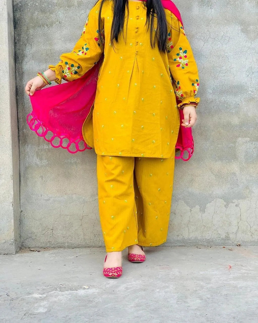 Yellow Embroidered Kurti with Front Buttons & Pockets 2Pcs