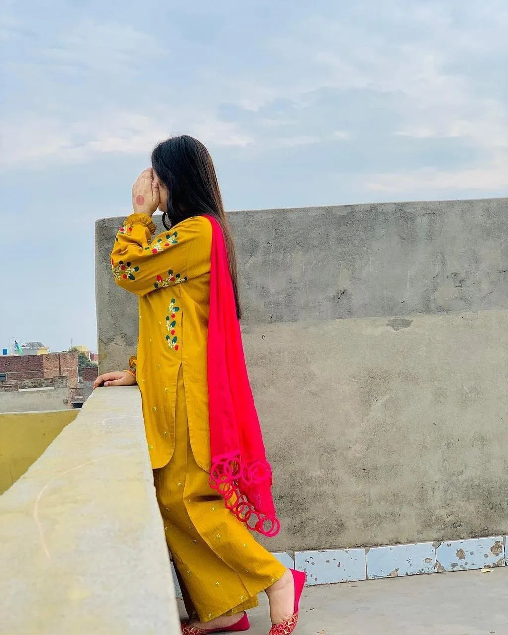 Yellow Embroidered Kurti with Front Buttons & Pockets 2Pcs
