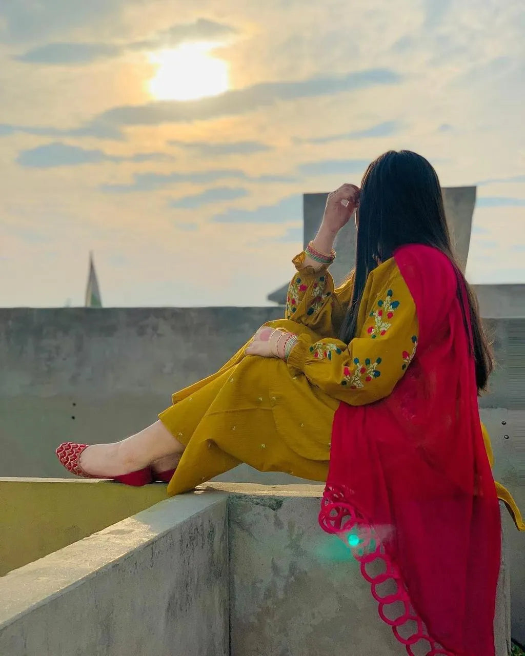 Yellow Embroidered Kurti with Front Buttons & Pockets 2Pcs